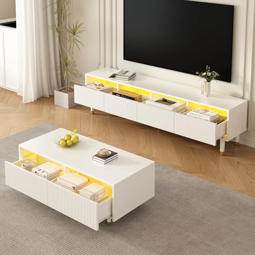 Crlnaup Modernes LED-Möbelset: Viertüriger TV-Ständer und Couchtisch mit Zwei Schubladen – Weiß mit Gold-Design, LED-Beleuchtung, Wellenstruktur und Acrylfronten für einen stilvollen Wohnstil von Crlnaup
