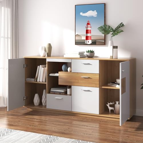 Crlnaup Modernes Sideboard-Schrank mit viel Stauraum, mit LED-Beleuchtung, 160x40x77cm, 2 Türen, 4 Schubladen, Glasablage, Holzoptik, Weiß,Wohnzimmermöbel, Organizer, Kommode, Mehrzweckschrank. von Crlnaup