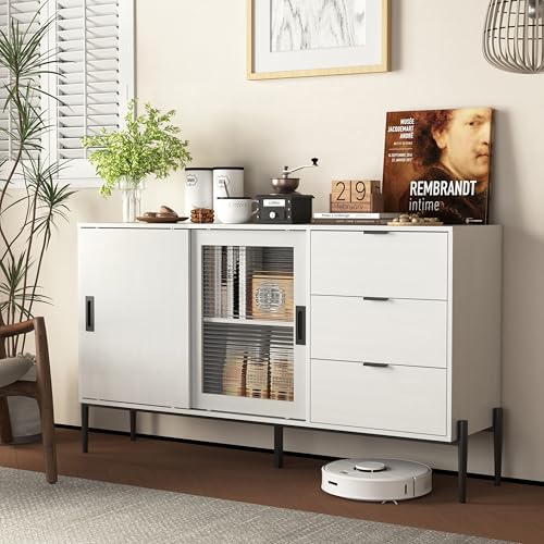 Crlnaup Modernes Sideboard mit Glasschiebetür und 3 Schubladen, Konsolentisch für den Eingangsbereich, Küchenbuffetschrank für Flure, Eingänge, Küchen, Arbeitszimmer, Weiß Crlnaup Modernes Sideboard mit Glasschiebetür und 3 Schubladen, Konsolentisch für den Eingangsbereich, Küchenbuffetschrank für Flure, Eingänge, Küchen, Arbeitszimmer, Weiß von Crlnaup