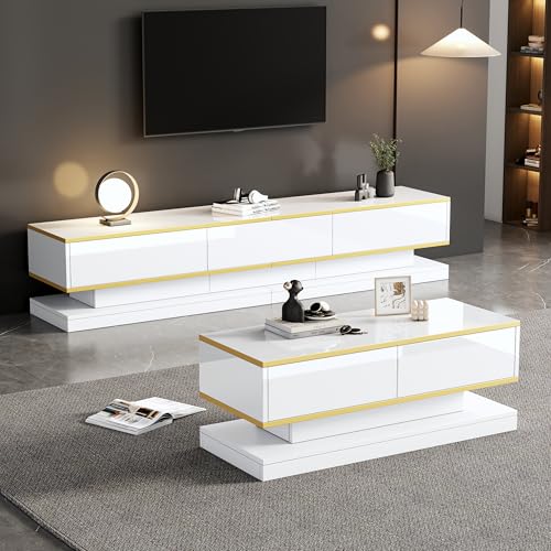 Crlnaup Modernes weißes Hochglanz-TV-Ständer- und Couchtisch-Set, TV-Konsole mit 3 Schubladen, Couchtisch mit 2 Schubladen, Goldbesatz, für das Wohnzimmer, Fernsehtis und kaffetisch von Crlnaup