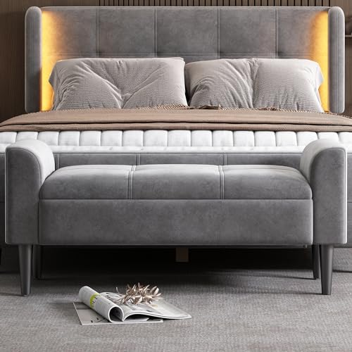 Crlnaup Polsterbänke mit Armlehne, Bettbänke, Betthocker, Bänke für das Schlafzimmer, Klavierbänke, Esszimmerbänke mit Steppmuster, Samt, MDF, Grau von Crlnaup