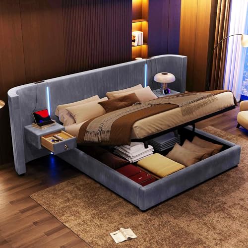Crlnaup Polsterbett, 180 * 200cm, mit LED-Leiste, hydraulischer Stauraum, 2 Schubladen, ohne Matratze, USB + Type-C, Samt, Grau von Crlnaup