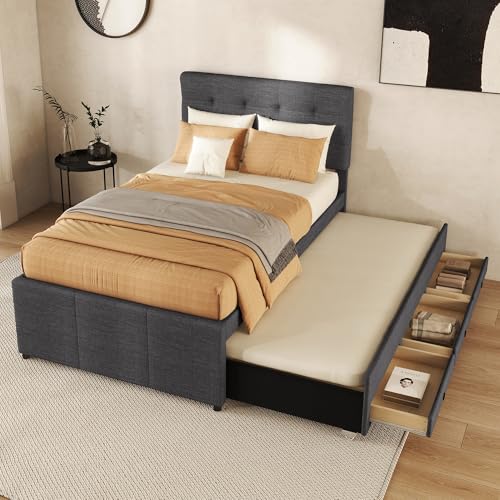 Crlnaup Polsterbett, 90x200cm(90x190cm), Familienbett, Bett mit DREI Schubladen, Ausziehbares Rollbett, Verstellbares Kopfteil, Ohne Matratze, Grau von Crlnaup