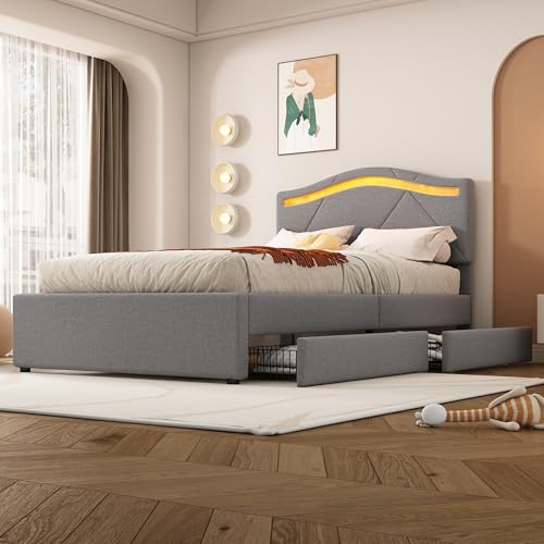 Crlnaup Polsterbett, 90x200cm, Bett mit Lattenrost (ohne Matratze), Ferngesteuerte Raumbeleuchtung, Bett mit Zwei Schubladen, Verstellbares Kopfteil, Leinen, Minimalistisch, Grau von Crlnaup