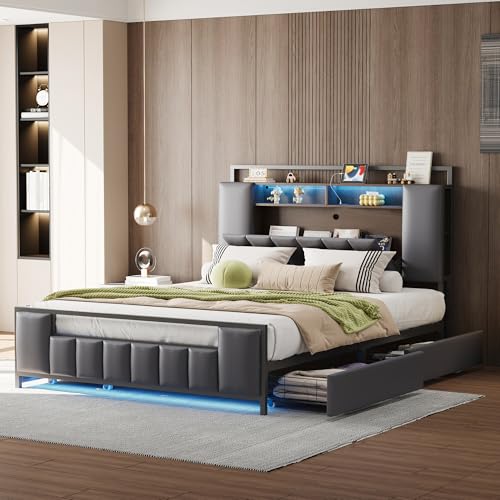 Crlnaup Polsterbett 140 * 200 cm, Multifunktionsbett mit LED-Licht, mit USB-Steckdose, mit Schubladen, Bettgestell aus massivem Eisen, Jugendbett, Erwachsenenbett, Doppelbett, Kunstleder, Grau von Crlnaup