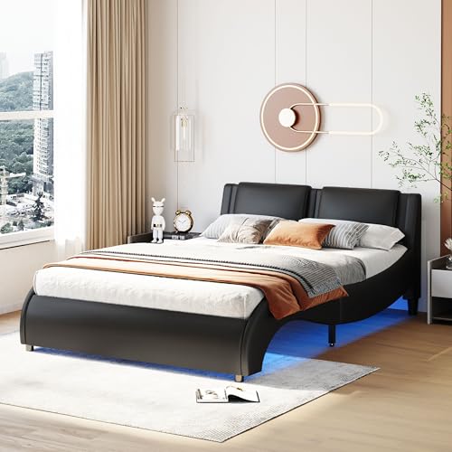 Crlnaup Polsterbett 140 * 200cm Kunstlederbett mit LED-Lichtbettgestell mit Lattenrosten Schwarz von Crlnaup