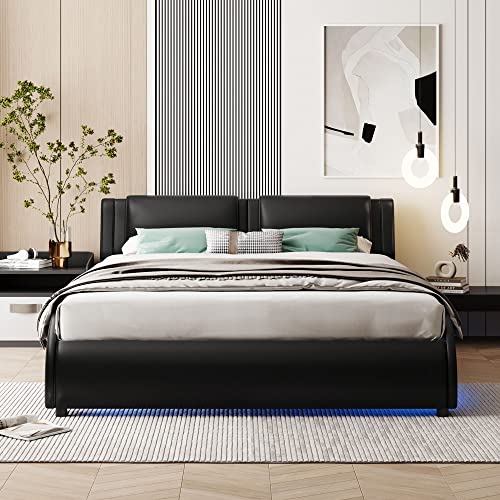 Crlnaup Polsterbett 140 * 200cm Kunstlederbett mit LED-Lichtbettgestell mit Lattenrosten Schwarz von Crlnaup