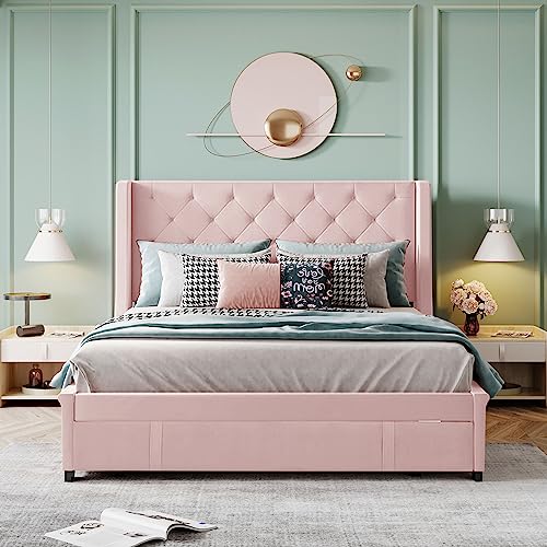 Crlnaup Polsterbett 140 x 200 cm, Doppelbett mit Lattenrost, Rückenlehne und großen Schubladen, Erwachsenen- und Jugenddoppelbett in Pro-Leinen-Stoff, Rosa (Matratze Nicht im Lieferumfang enthalten) von Crlnaup