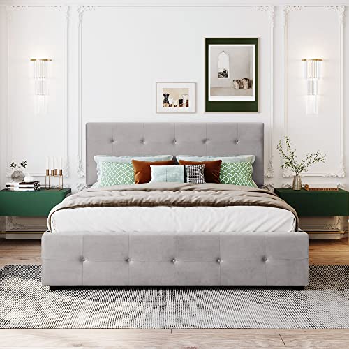 Crlnaup Polsterbett 140 x 200 cm, Doppelbett mit Schubladen, Lattenrost und Rückenlehne, Hautfreundliches Doppelbett aus Samtstoff für Erwachsene und Jugendliche, Grau (Matratze Nicht enthaltet) von Crlnaup