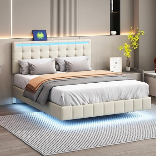 Crlnaup Polsterbett 140 x 200 cm, gepolsterter Schwebebettrahmen mit LED-Leuchten und Kopfteildesign, flächiges Doppelbett-Gästebett in hautfreundlichem Leinen Beige von Crlnaup