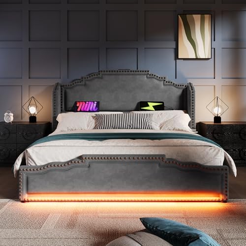 Crlnaup Polsterbett 140×200, Doppelbett mit 4 Schubladen, LED-Beleuchtung und USB-C-Ladeanschluss, Stauraumbett und Jugendbett mit Lattenrost, Samt, Grau, ohne Matratze von Crlnaup