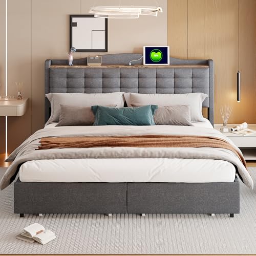 Crlnaup Polsterbett 160 * 200 cm, Nachttisch mit USB-Ladeanschluss und Ablage, Doppelflachbett mit 4 Schubladen, Leinenstoff Grau von Crlnaup