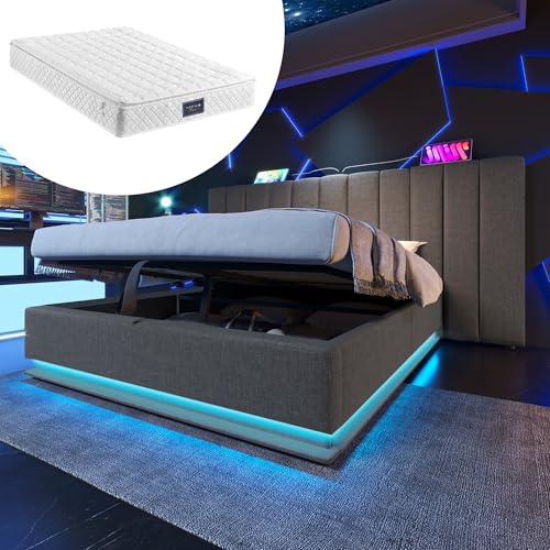 Crlnaup Polsterbett 160×200, Doppelbett Stauraumbett mit App Control LED und USB-C Ladefunktion, Bettgestell mit Lattenrost, Leinen, Grau, Mit Matratze, Ohne Nachttisch von Crlnaup