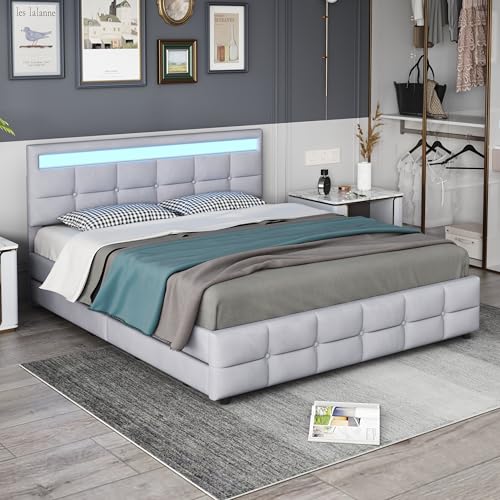 Crlnaup Polsterbett 180 x 200 cm, Doppelbett LED-Bettgestell mit 4 Schubladen, Lattenrost und Rückenlehne, Hautfreundliches Doppelbett aus Samtstoff für Erwachsene und Jugendliche, Grau Crlnaup Polsterbett 180 x 200 cm, Doppelbett LED-Bettgestell mit 4 Schubladen, Lattenrost und Rückenlehne, Hautfreundliches Doppelbett aus Samtstoff für Erwachsene und Jugendliche, Grau von Crlnaup