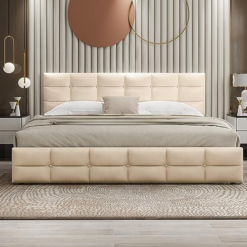 Crlnaup Polsterbett 180 x 200 cm, Doppelbett mit 4 Schubladen, Lattenrost und Rückenlehne, Hautfreundliches Doppelbett aus Samtstoff für Erwachsene und Jugendliche, Beige (Matratze Nicht enthaltet) von Crlnaup