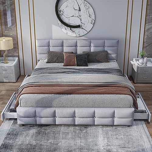 Crlnaup Polsterbett 180 x 200 cm, Doppelbett mit 4 Schubladen, Lattenrost und Rückenlehne, Hautfreundliches Doppelbett aus Samtstoff für Erwachsene und Jugendliche, Grau (Matratze Nicht enthaltet) von Crlnaup
