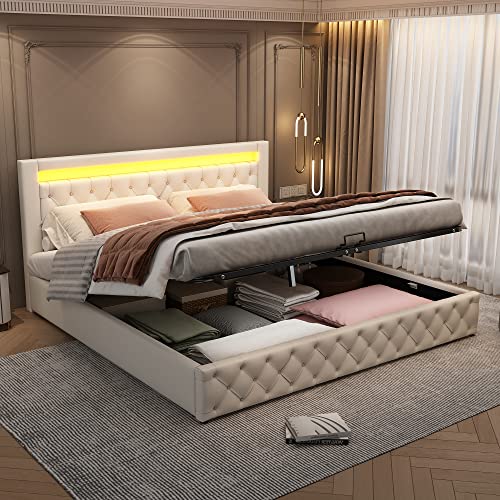 Crlnaup Polsterbett 180 x 200 cm Funktionsbett mit Lattenrost und Stauraum, LED-Beleuchtung, mit Funktion von Aufbewahrung, weiß,PU von Crlnaup