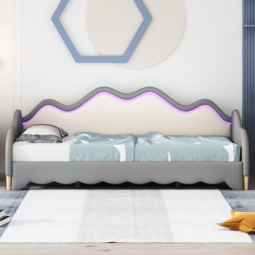 Crlnaup Polsterbett 90(180)*190cm, 2-in-1 Multifunktions-Schlafsofa, Kinderbett aus Kunstleder mit LED-Beleuchtung, mit Lattenrost, Grau von Crlnaup