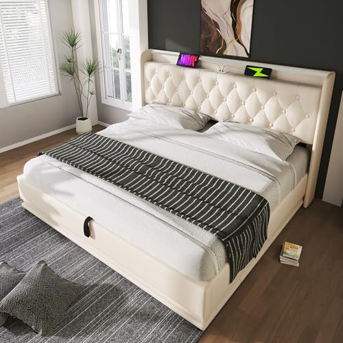 Crlnaup Polsterbett Doppelbett, 360-Surround-LED-Funktion, Drucktaste/App/Fernbedienung, 180 * 200 cm, weiß PU-Material Hydraulisches Lagerbett, gepolstertes Kopfteil mit USB Typ-C Ladefunktion von Crlnaup