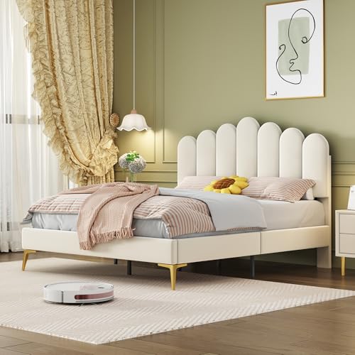 Crlnaup Polsterbett Doppelbett 140 x 200 cm, Bettgestell mit Kopfteil und Lattenrost, Erwachsenen-Jugendbett-Gästebett in hautfreundlichem Samtstoff Beige von Crlnaup