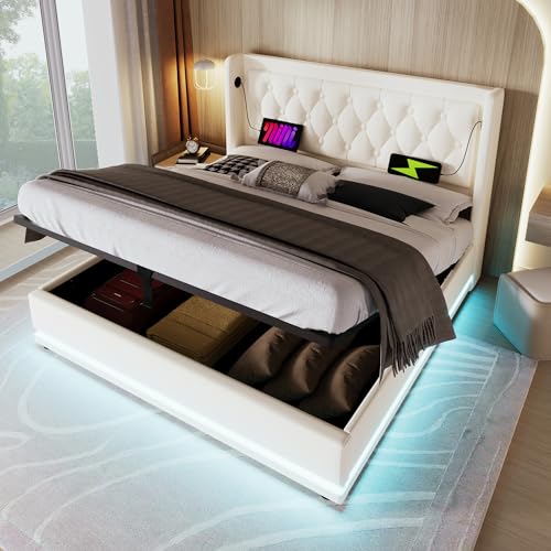 Crlnaup Polsterbett Doppelbett 160 * 200 cm,Weiß PU-Material Hydraulisches Stauraumbett, gepolstertes Kopfteil mit USB Typ-C Ladefunktion, 3-seitige LED-Funktion(Ohne Matratze) von Crlnaup