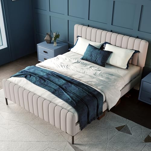 Crlnaup Polsterbett Doppelbett 160 x 200 cm, Bettgestell mit Lattenrost und Verstellbares Kopfteil, Gepolstertes Bett in Grau-Beige,Bettrahmen Jugendbett für Schlafzimmer Gästezimmer-Leinenmaterial von Crlnaup