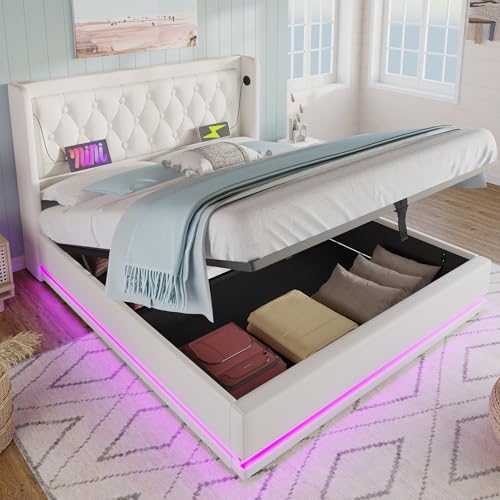 Crlnaup Polsterbett Doppelbett 180 * 200 cm,Weiß PU-Material Hydraulisches Stauraumbett, gepolstertes Kopfteil mit USB Typ-C Ladefunktion, 3-seitige LED-Funktion(Ohne Matratze) von Crlnaup