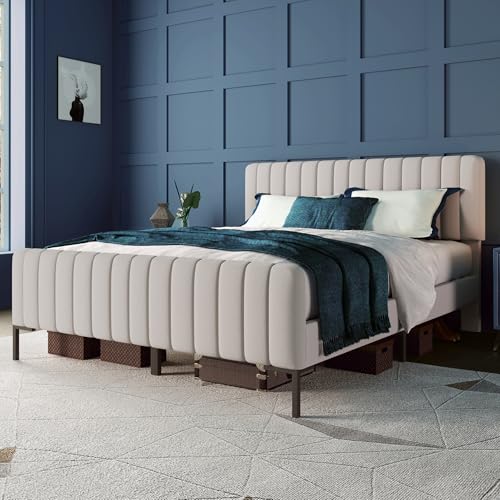 Crlnaup Polsterbett Doppelbett 180 x 200 cm, Bettgestell mit Lattenrost und Verstellbares Kopfteil, Gepolstertes Bett in Grau-Beige,Bettrahmen Jugendbett für Schlafzimmer Gästezimmer-Leinenmaterial von Crlnaup