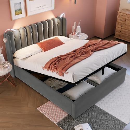 Crlnaup Polsterbett Doppelbett Leselicht mit Ladefunktion Kopfteil Stauraum Bettgestell Samt Jugendbett 140x200 mit lattenrost,Grau(Ohne Matratze) von Crlnaup
