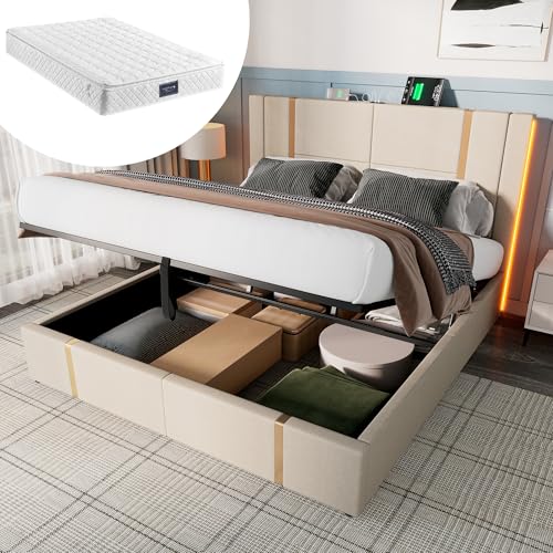 Crlnaup Polsterbett Doppelbett USB Type C Ladefunktion APP-Control LED 160×200 Stauraumbetten Bettgestell, Lattenrost aus Holz,Beige Leinenmaterial (Mit Matratze) von Crlnaup