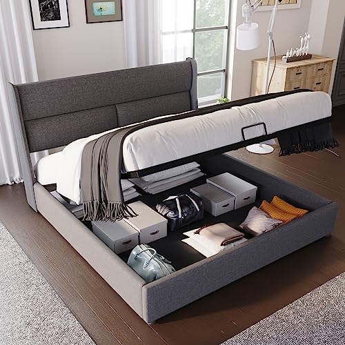Crlnaup Polsterbett Doppelbett mit Verstellbare Kopfstützen,Stauraumbetten Bettgestell aus Leinenmaterial Jugendbett 140x200 mit lattenrost(Ohne Matratze) von Crlnaup