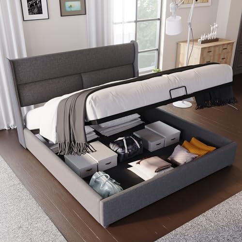 Crlnaup Polsterbett Doppelbett mit Verstellbare Kopfstützen,Stauraumbetten Bettgestell aus Leinenmaterial Jugendbett 180x200 mit lattenrost(Ohne Matratze) von Crlnaup