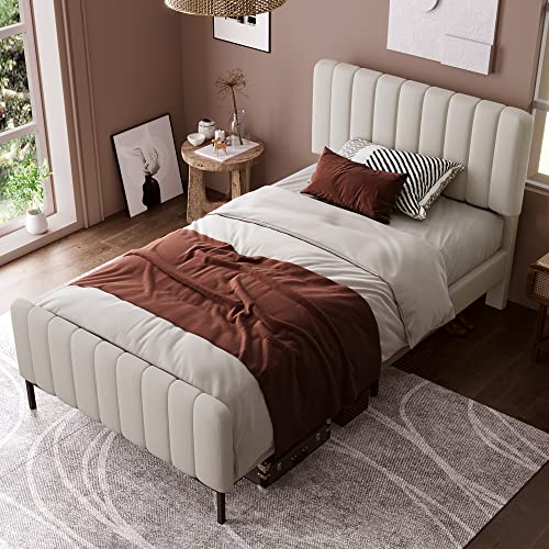 Crlnaup Polsterbett Einzelbett 90 x 200 cm, Bettgestell mit Lattenrost und Verstellbares Kopfteil, Gepolstertes Bett in Grau-Beige,Bettrahmen Jugendbett für Schlafzimmer Gästezimmer-Leinenmaterial von Crlnaup