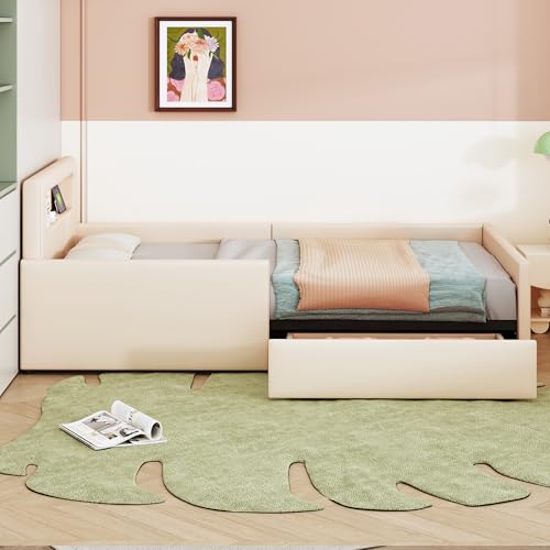 Crlnaup Polsterbett Kinderbett 90 * 200 cm,Mit Nachtlicht und -Ladeanschluss,Mit Ablagefächern,Erhöhte Seitenteile zur Sicherheit,Einfaches Einzelbett,Jungen- und Mädchenbett, Kunsterstoff, Beige von Crlnaup
