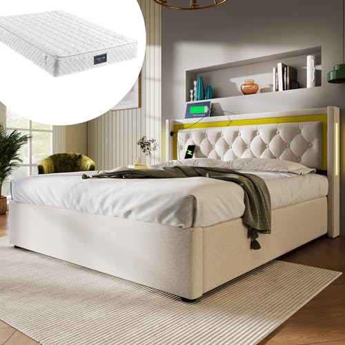 Crlnaup Polsterbett LED Doppelbett Stauraum Bettkasten mit USB Typ C Ladefunktion Kopfteil,Stauraumbetten Bettgestell aus Baumwolle Jugendbett 140x200 mit lattenrost(Mit Matratze) von Crlnaup