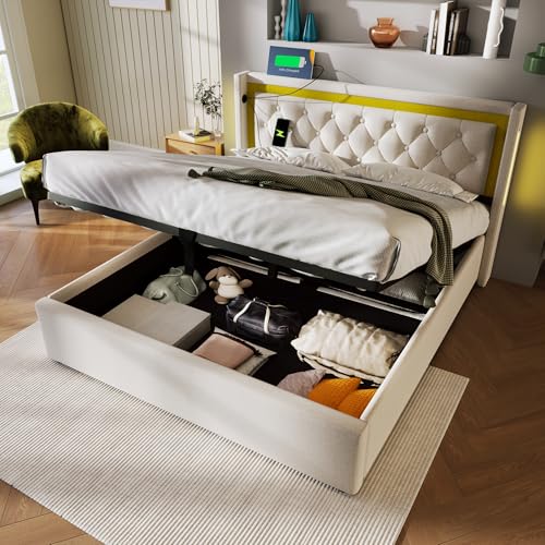 Crlnaup Polsterbett LED Doppelbett Stauraum Bettkasten mit USB Typ C Ladefunktion Kopfteil,Stauraumbetten Bettgestell aus Baumwolle Jugendbett 140x200 mit lattenrost(Ohne Matratze) von Crlnaup