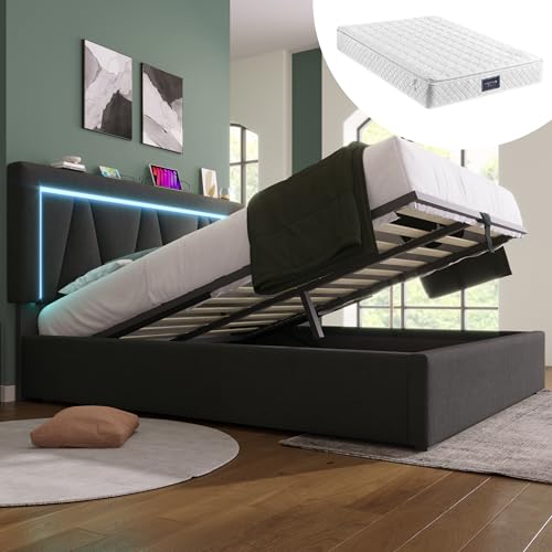 Crlnaup Polsterbett LED Doppelbett mit USB Typ C Ladefunktion und LED-Beleuchtung,Stauraumbetten Bettgestell aus Leinenmaterial Jugendbett 140x200 mit lattenrost(Mit Matratze) von Crlnaup