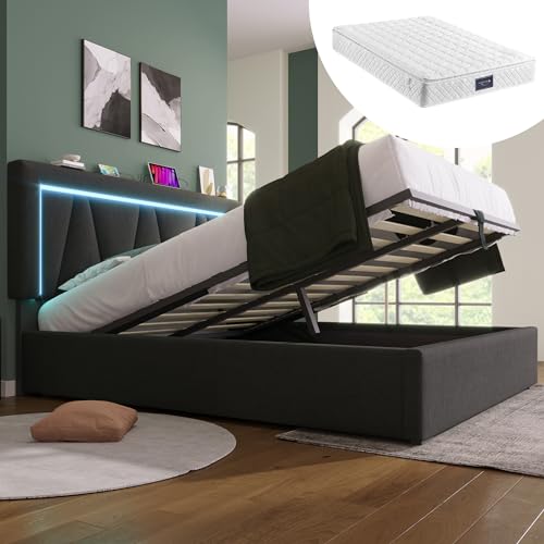 Crlnaup Polsterbett LED Doppelbett mit USB Typ C Ladefunktion und LED-Beleuchtung,Stauraumbetten Bettgestell aus Leinenmaterial Jugendbett 140x200 mit lattenrost(Mit Matratze) von Crlnaup