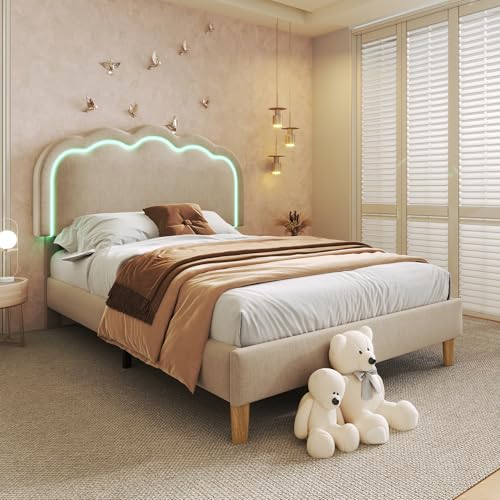 Crlnaup Polsterbett LED Einzelbett 90 x 190 cm, Bettgestell mit Lattenrost und Verstellbares Kopfteil, Gepolstertes Bett in Beige,Bettrahmen Jugendbett für Schlafzimmer Gästezimmer-Leinenmaterial von Crlnaup