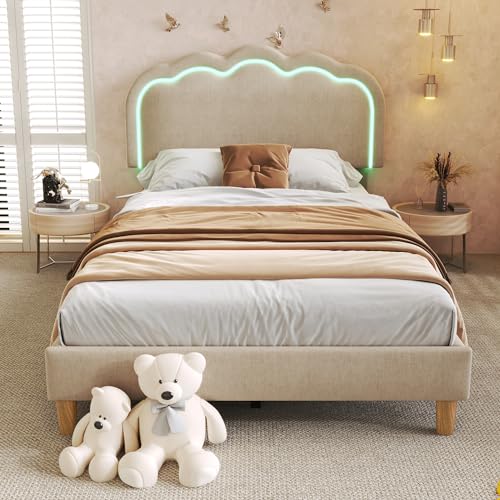 Crlnaup Polsterbett LED Einzelbett 90 x 200 cm, Bettgestell mit Lattenrost und Verstellbares Kopfteil, Gepolstertes Bett in Beige,Bettrahmen Jugendbett für Schlafzimmer Gästezimmer-Leinenmaterial von Crlnaup