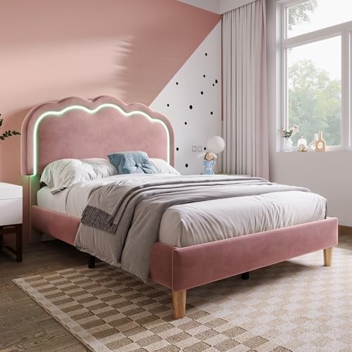Crlnaup Polsterbett LED Einzelbett 90 x 200cm, Bettgestell mit Lattenrost und Verstellbares Kopfteil, Gepolstertes Bett in Rosa,Bettrahmen Jugendbett für Schlafzimmer Gästezimmer-Samt von Crlnaup