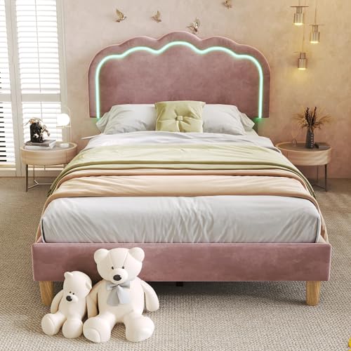 Crlnaup Polsterbett LED Einzelbett 90 x 200cm, Bettgestell mit Lattenrost und Verstellbares Kopfteil, Gepolstertes Bett in Rosa,Bettrahmen Jugendbett für Schlafzimmer Gästezimmer-Samt von Crlnaup