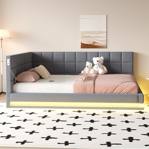 Crlnaup Polsterbett Schlafsofa 160 * 200 Multifunktionsbettmit LED Lichtleiste, USB Steckdose und Lattenrost, hautsympathischer Samtstoff Grau von Crlnaup