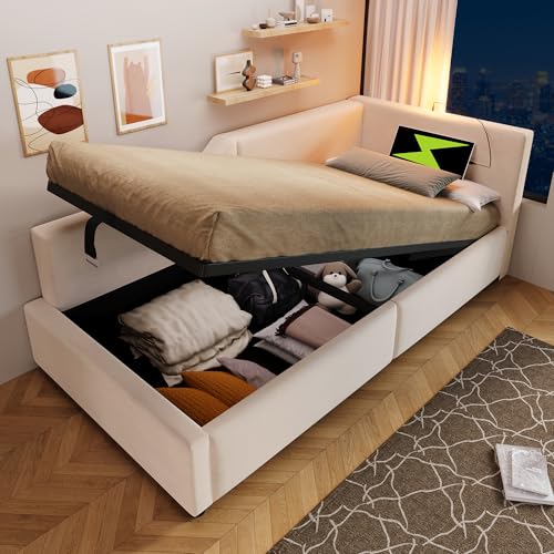 Crlnaup Polsterbett Tagesbett Daybett 90x190cm, Schlafsofa mit hydraulischem Stauraum, Leselichtfunktion und USB-C-Ladefunktion, Kinderbett Jugendbett Bettgestell mit Lattenrost aus Holz, Samt, Beige von Crlnaup