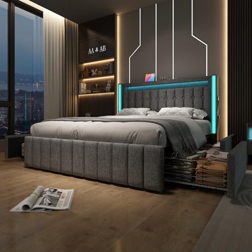 Crlnaup Polsterbett USB Typ C Ladefunktion LED-Beleuchtung und 4 Schubladen, Jugendbetten 160x200cm Doppelbett Stauraumbetten Bettgestell, Lattenrost aus Holz, Grau (Mit Matratze) von Crlnaup