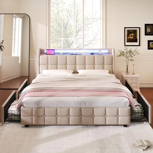 Crlnaup Polsterbett mit Aufladen USB Ladefunktion Kopfteil und LED-Beleuchtung und 4 Schubladen,Doppelbett 140x200cm Stauraumbetten Bettgestell, Lattenrost aus Holz, Beige (Ohne Matratze) von Crlnaup
