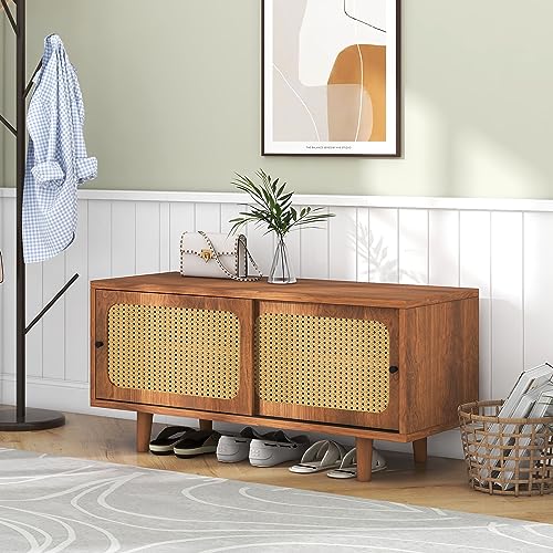 Crlnaup Rattan Schuhschrank mit 2 Türen mit verstellbare Ablage Walnussfarbe formschöner Schuhschrank für Flur, Wohn- und Schlafzimmer,104 * 40 * 48 cm von Crlnaup