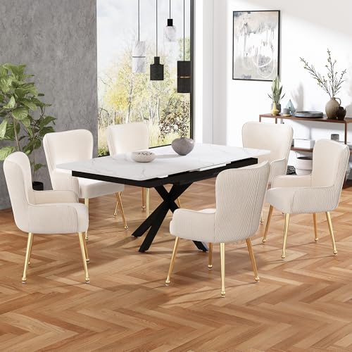 Crlnaup Samt-Esszimmerstuhl, 2er-Set, luxuriös, Wohnzimmer, Schlafzimmer, Lounge-Stuhl mit Vier Goldene Metallstützbeinen, Mit Armlehnen und verstellbaren Füßen, Lendenwirbelstütze,Beige von Crlnaup