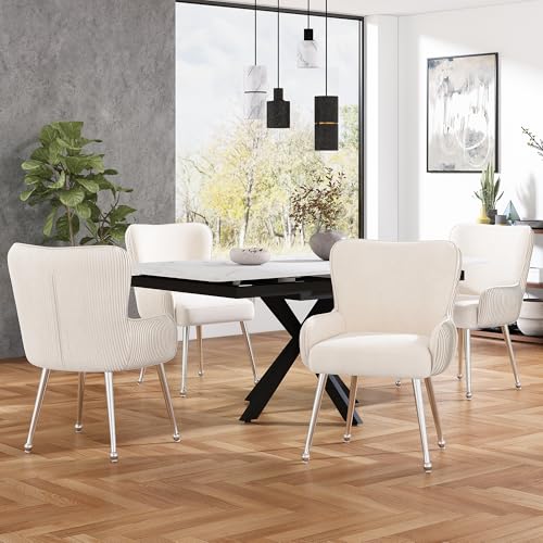 Crlnaup Samt-Esszimmerstuhl, 2er-Set, luxuriös, Wohnzimmer, Schlafzimmer, Lounge-Stuhl mit Vier Silberne Metallstützbeinen, Mit Armlehnen und verstellbaren Füßen, Lendenwirbelstütze,Beige von Crlnaup