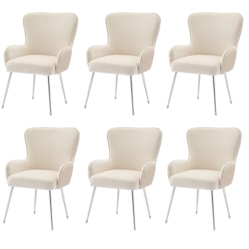 Crlnaup Samt-Esszimmerstuhl, 6er-Set, luxuriös, Wohnzimmer, Schlafzimmer, Lounge-Stuhl mit Vier Silberne Metallstützbeinen, Mit Armlehnen und verstellbaren Füßen, Lendenwirbelstütze,Beige von Crlnaup